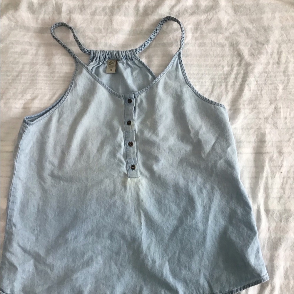 Gef France Light Blue Soft Distressed Sleeveless Denim Top with braided straps